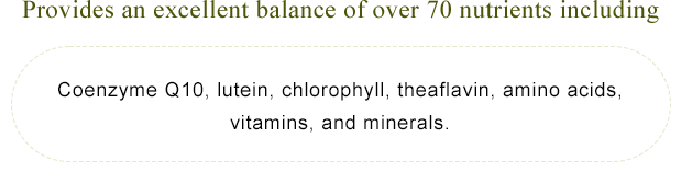 Provides an excellent balance of over 70 nutrients including Coenzyme Q10, lutein, chlorophyll, theaflavin, amino acids, vitamins, and minerals. 