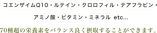 コエンザイムQ10・ルテイン・クロロフィル・テアフラビン・アミノ酸・ビタミン・ミネラル...etc 70種超の栄養素をバランス良く摂取することができます。